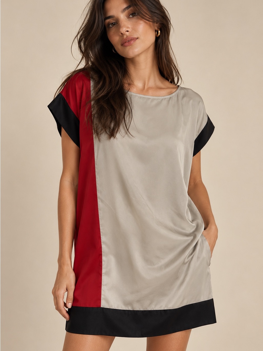 DKNYC Colorblock Short Sleeve Tunic in Red, Taupe & Black Dress Size Medium